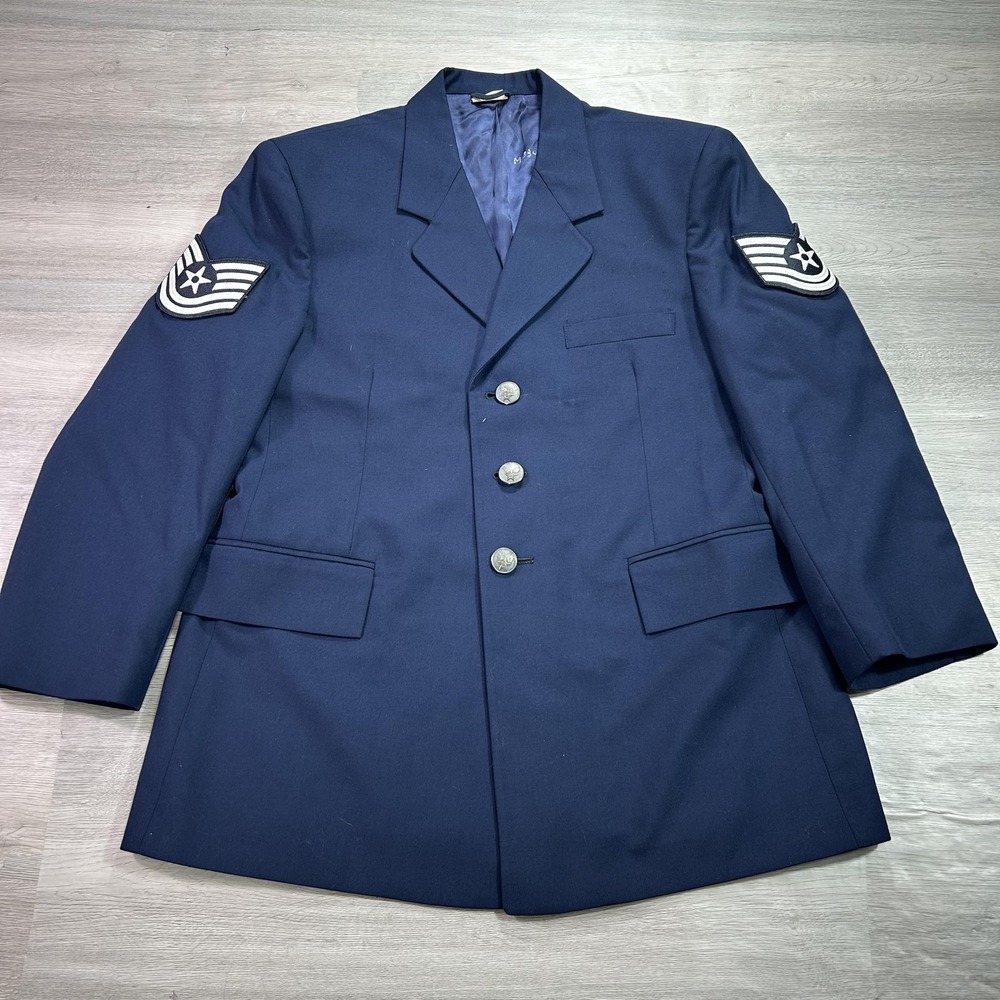 US Air Force Blue Dress Coat Mens 40 XS‎ Short 3 Button Uniform Jacket Patches